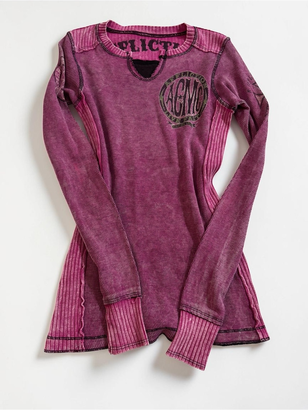 Y2K Affliction Pink Acid Wash Thermal Motorcycle Graphic Long Sleeve Top XS